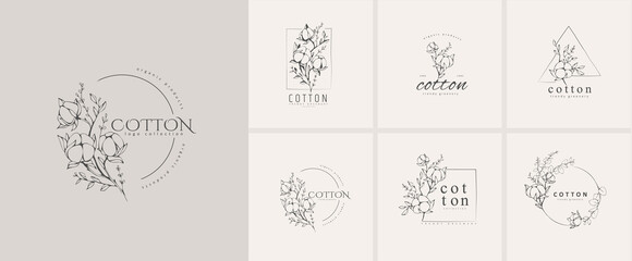 Wall Mural - cotton plant logo and branch. hand drawn line wedding herb, elegant leaves for invitation save the d