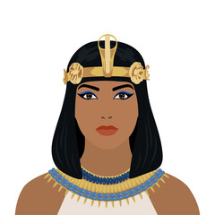 Portrait of a beautiful Egyptian woman in a golden crown.Vector illustration in a flat style isolated on a white background.