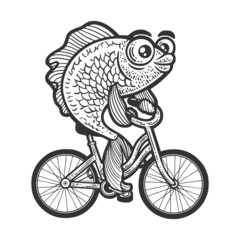 Cartoon fish on bicycle sketch engraving raster illustration. T-shirt apparel print design. Scratch board imitation. Black and white hand drawn image.