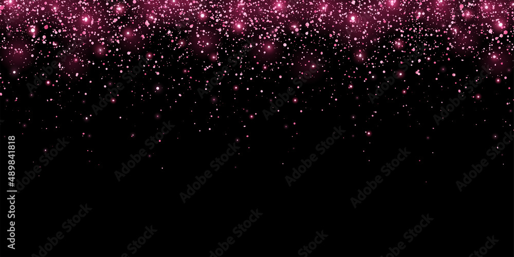 Wide pink glitter holiday confetti with glow lights on black background ...