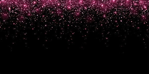 Wall Mural - Wide pink glitter holiday confetti with glow lights on black background. Vector