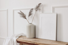 Elegant Home Interior Decor Still Life Photo. Vase With Dry Reed, Grass On Old Wooden Bench. Blank White Picture Frame Mockup. Wall Moulding Background, Trim Decor. Empty Copy Space. Side View.