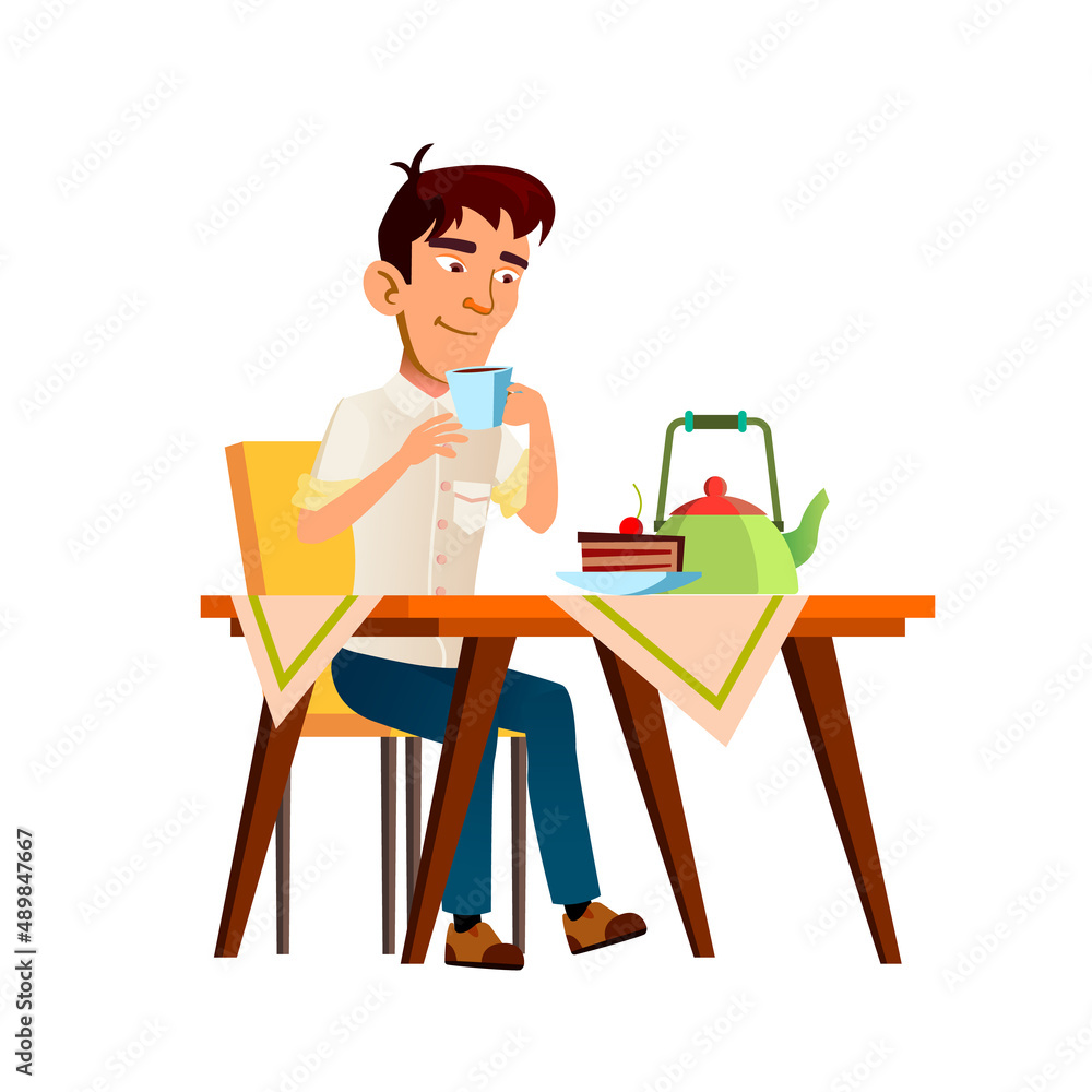 Teenager Boy Drinking Tea And Eating Cake Vector. Asian Teen Guy Drink Hot  Beverage And Eat Pie Food At Desk, Enjoying Morning Breakfast. Character  Enjoy Nutrition Flat Cartoon Illustration Stock Vector |, image size:1000x1000