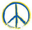 classic peace sign in colors of ukraine, blue and yellow, brush art outline vector illustration