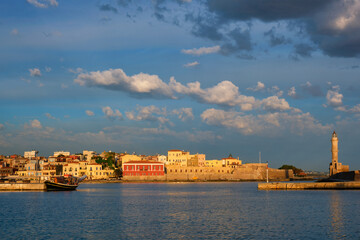 Wall Mural - Picturesque old port of Chania is one of landmarks and tourist destinations of Crete island in the morning on sunrise. Chania, Crete, Greece