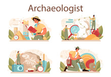 Archaeologist Concept Set. Ancient History Scientist Or Paleontologist