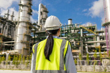 Wall Mural - Asian engineer manager woman with white safety helmet standing front of oil refinery. Industry zone gas petrochemical. Factory oil storage tank and pipeline. Workers in the refinery construction.