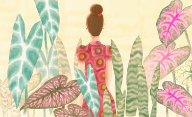 Wall Mural - Watercolor painting of a woman in nature. Lady and leafs. Foliage artwork. Concept art of dream and surreal. artwork, Fantasy garden.