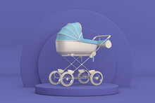 Modern Blue Baby Carriage, Stroller, Pram Over Violet Very Peri Cylinders Products Stage Pedestal. 3d Rendering