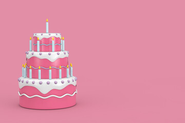Poster - Birthday Cartoon Dessert Tiered Cake with Candles. 3d Rendering