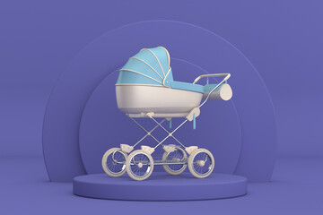 Aufkleber - Modern Blue Baby Carriage, Stroller, Pram over Violet Very Peri Cylinders Products Stage Pedestal. 3d Rendering