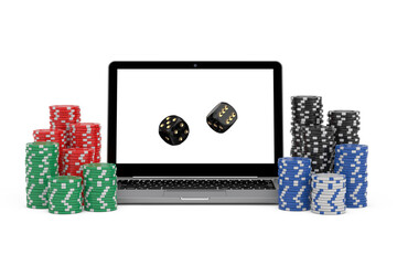 Poster - Casino Online Concept. Gambling Chips and Casino Black Game Dice Cubes with Modern Laptop Computer. 3d Rendering