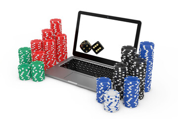 Poster - Casino Online Concept. Gambling Chips and Casino Black Game Dice Cubes with Modern Laptop Computer. 3d Rendering