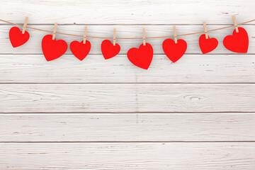 Aufkleber - Many Valentine's Day Red Heart Cards hanging on the Rope. 3d Rendering