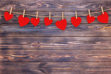 Aufkleber - Many Valentine's Day Red Heart Cards hanging on the Rope. 3d Rendering