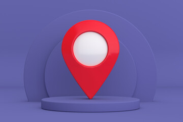Leinwandbilder - Red Map Pointer Pin over Violet Very Peri Cylinders Products Stage Pedestal. 3d Rendering