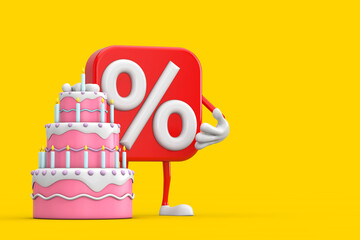 Poster - Sale or Discount Percent Sign Person Character Mascot with Birthday Cartoon Dessert Tiered Cake and Candles. 3d Rendering