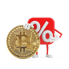 Poster - Sale or Discount Percent Sign Person Character Mascot with Digital and Cryptocurrency Golden Bitcoin Coin. 3d Rendering