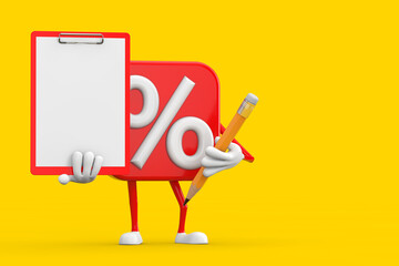Aufkleber - Sale or Discount Percent Sign Person Character Mascot with Red Plastic Clipboard, Paper and Pencil. 3d Rendering
