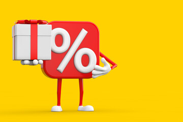 Aufkleber - Sale or Discount Percent Sign Person Character Mascot with Gift Box and Red Ribbon. 3d Rendering