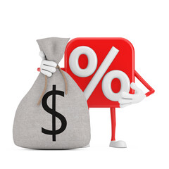 Poster - Sale or Discount Percent Sign Person Character Mascot with Tied Rustic Canvas Linen Money Sack or Money Bag with Dollar Sign. 3d Rendering