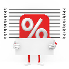 Poster - Sale or Discount Percent Sign Person Character Mascot with Identification Plate in front of Police Lineup or Mugshot Background. 3d Rendering