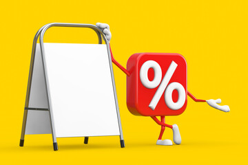 Poster - Sale or Discount Percent Sign Person Character Mascot with White Blank Advertising Promotion Stand. 3d Rendering