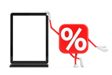 Poster - Sale or Discount Percent Sign Person Character Mascot with Blank Trade Show LCD Screen Stand as Template for Your Design. 3d Rendering