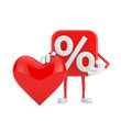 © doomu - Sale or Discount Percent Sign Person Character Mascot with Red Heart. 3d Rendering