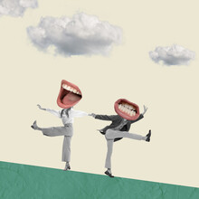 Contemporary Art Collage. Man And Woman With Giant Mouths Heads In Vintage Costumes Dancing On Green Field