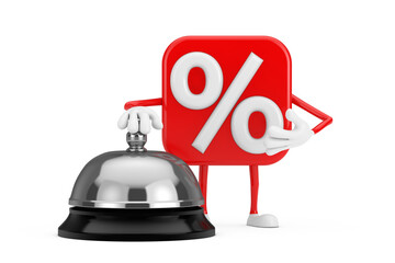 Poster - Sale or Discount Percent Sign Person Character Mascot with Hotel Service Bell Call. 3d Rendering