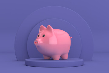 Wall Mural - Pink Piggy Bank over Violet Very Peri Cylinders Products Stage Pedestal. 3d Rendering