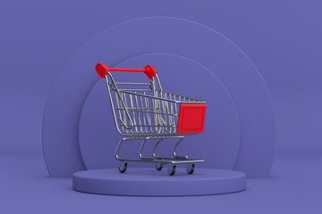 Poster - Shopping Trolley Cart over Violet Very Peri Cylinders Products Stage Pedestal. 3d Rendering