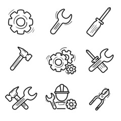 Wall Mural - set of repair and tools icon in doodle style isolated on white background