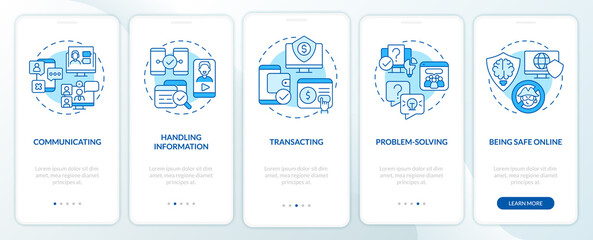 Digital skills blue onboarding mobile app screen. Computer systems walkthrough 5 steps graphic instructions pages with linear concepts. UI, UX, GUI template. Myriad Pro-Bold, Regular fonts used