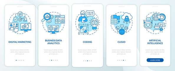 Major digital skills blue onboarding mobile app screen. Computer literacy walkthrough 5 steps graphic instructions pages with linear concepts. UI, UX, GUI template. Myriad Pro-Bold, Regular fonts used
