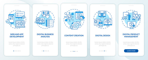 Wall Mural - advanced digital skills blue onboarding mobile app screen. walkthrough 5 steps graphic instructions 