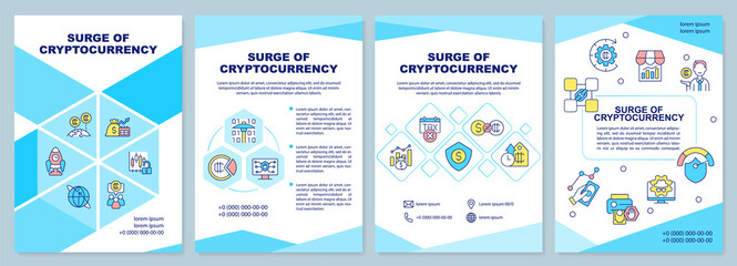 Surge of cryptocurrency turquoise brochure template. Popularity growth. Leaflet design with linear icons. 4 vector layouts for presentation, annual reports. Arial-Black, Myriad Pro-Regular fonts used