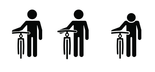 Wall Mural - Stickman, stick figures man with a bicycle in his hand. Cycling line pattern banner. Cyclist logo. Racing bike or Mounting biker.