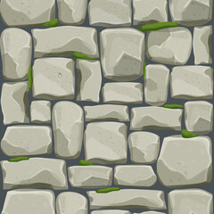 Wall Mural - Stone wall from bricks, rock with old moss, game background in cartoon style, seamless textured surface. Ui game asset, road or floor material