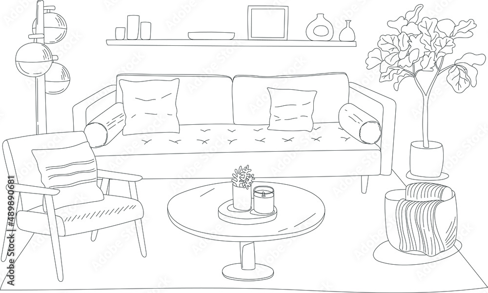 Living room illustration of line art sketch drawing with an armchair ...