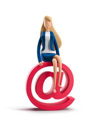 Sticker - Young business woman Emma with mail sign on a white background. 3d illustration