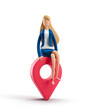 Young business woman Emma sitting on big red pin on a white background. 3d illustration