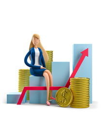 Wall Mural - Young business woman Emma with bossiness chart and money on a white background. 3d illustration. The concept of financial growth, success, leadership.