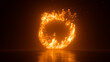 3d rendering, abstract black background with round frame on fire, blazing flame over black background