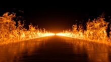 3d Rendering, Abstract Black Background With Wet Long Road On Fire, Blazing Flames