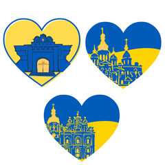 Wall Mural - Various Kyiv historic landmarks with national flag colors. Hand drawn illustration.