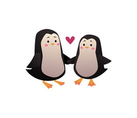 Couple of animals, two cute penguins fall in love, adorable pair of lovers