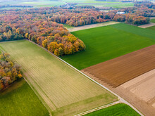 Aerial View Of Agricultural Fields. Fields At Farmland. Drone Photo