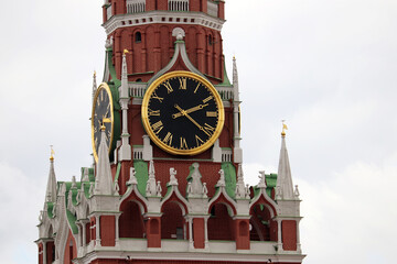 Wall Mural - Chimes of Spasskaya tower, symbol of Russia on Red Square. Moscow Kremlin tower clock isolated on sky background